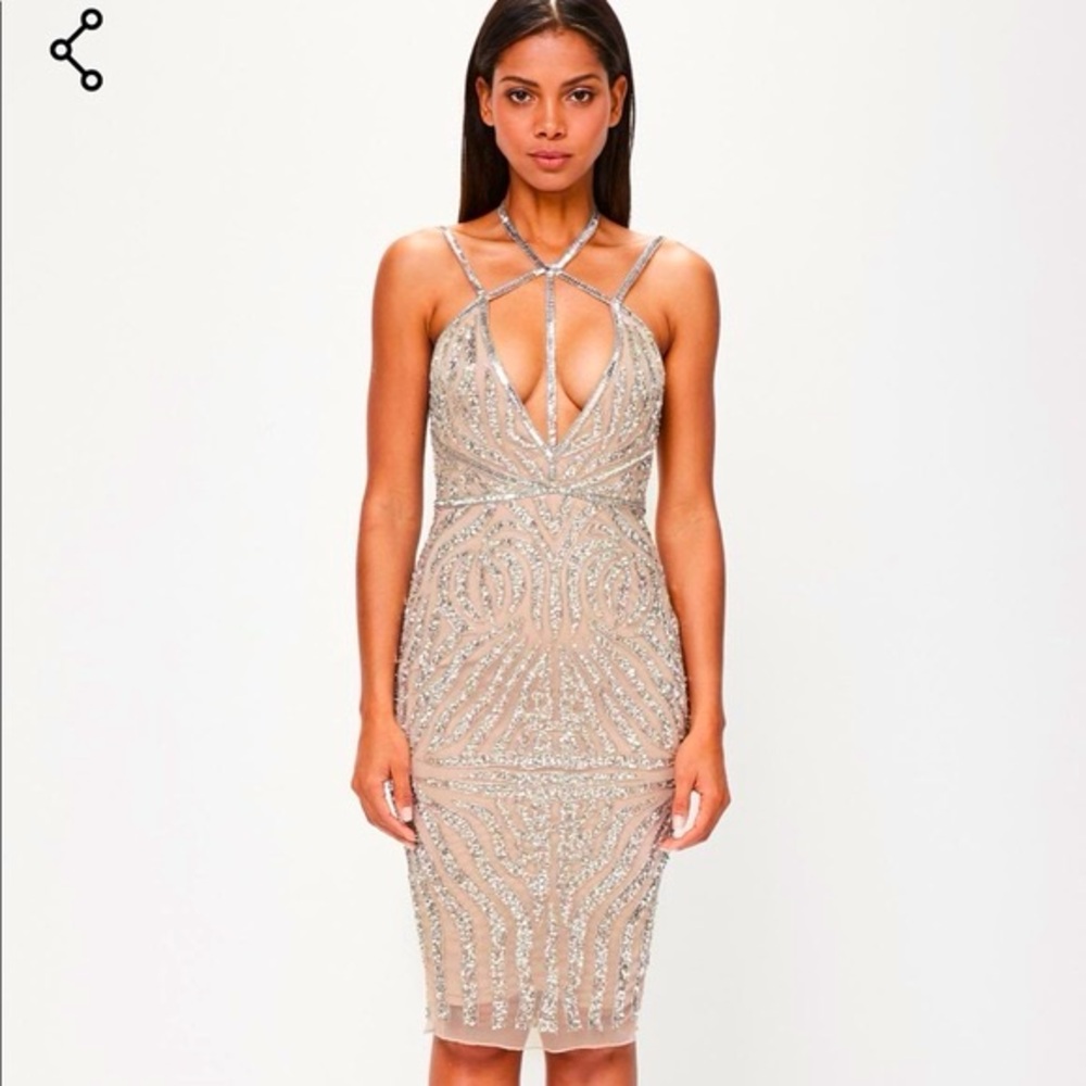 Beaded Nude Midi Dress with Strappy Plunge Neckline